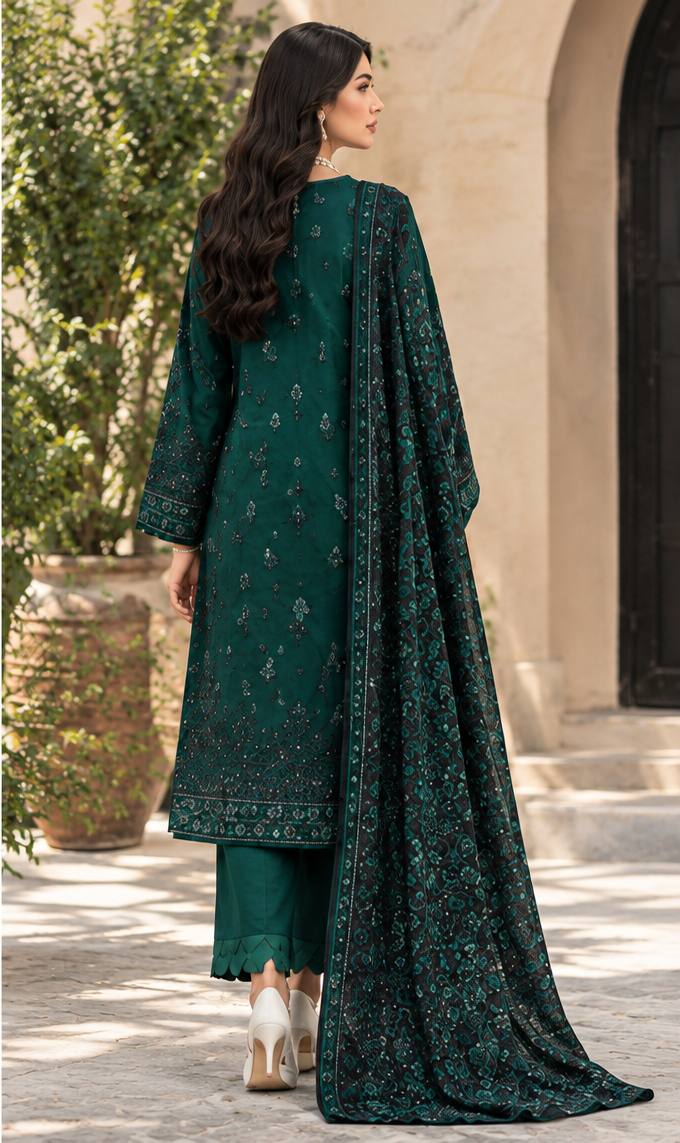 Green Unstitched Printed Dhanak Suit 3-Piece