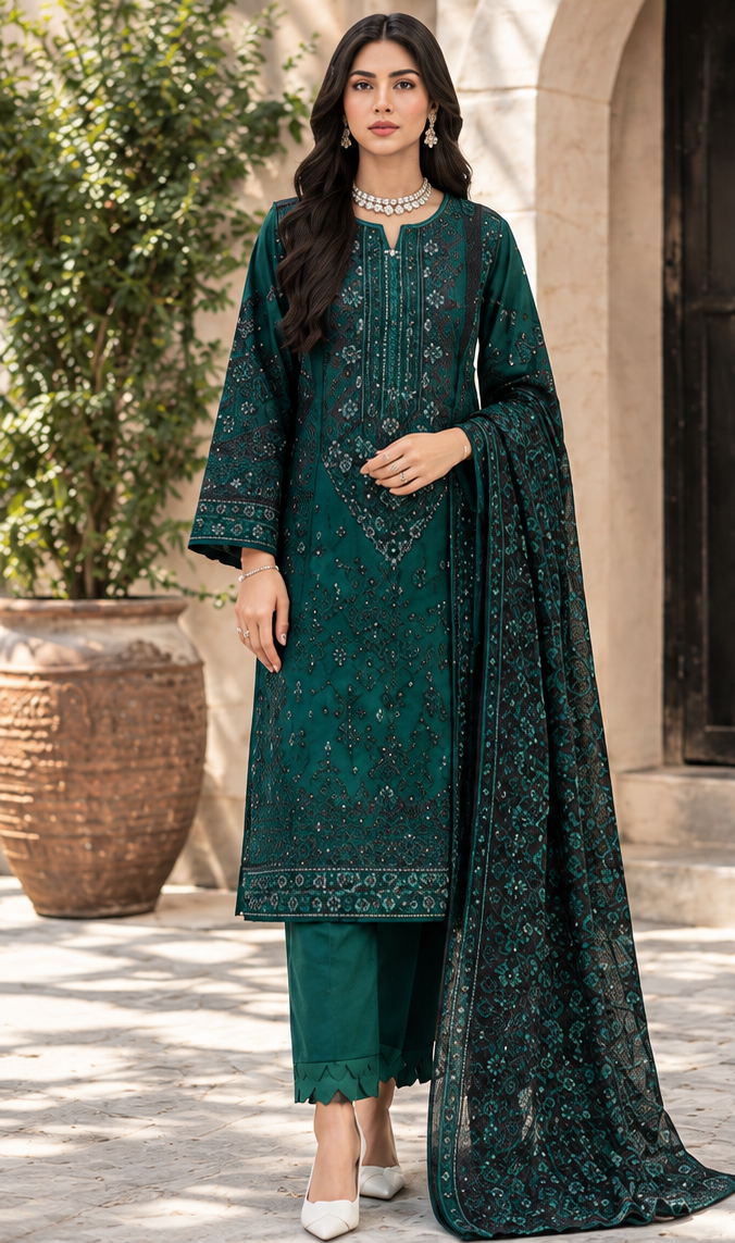 Green Unstitched Printed Dhanak Suit 3-Piece