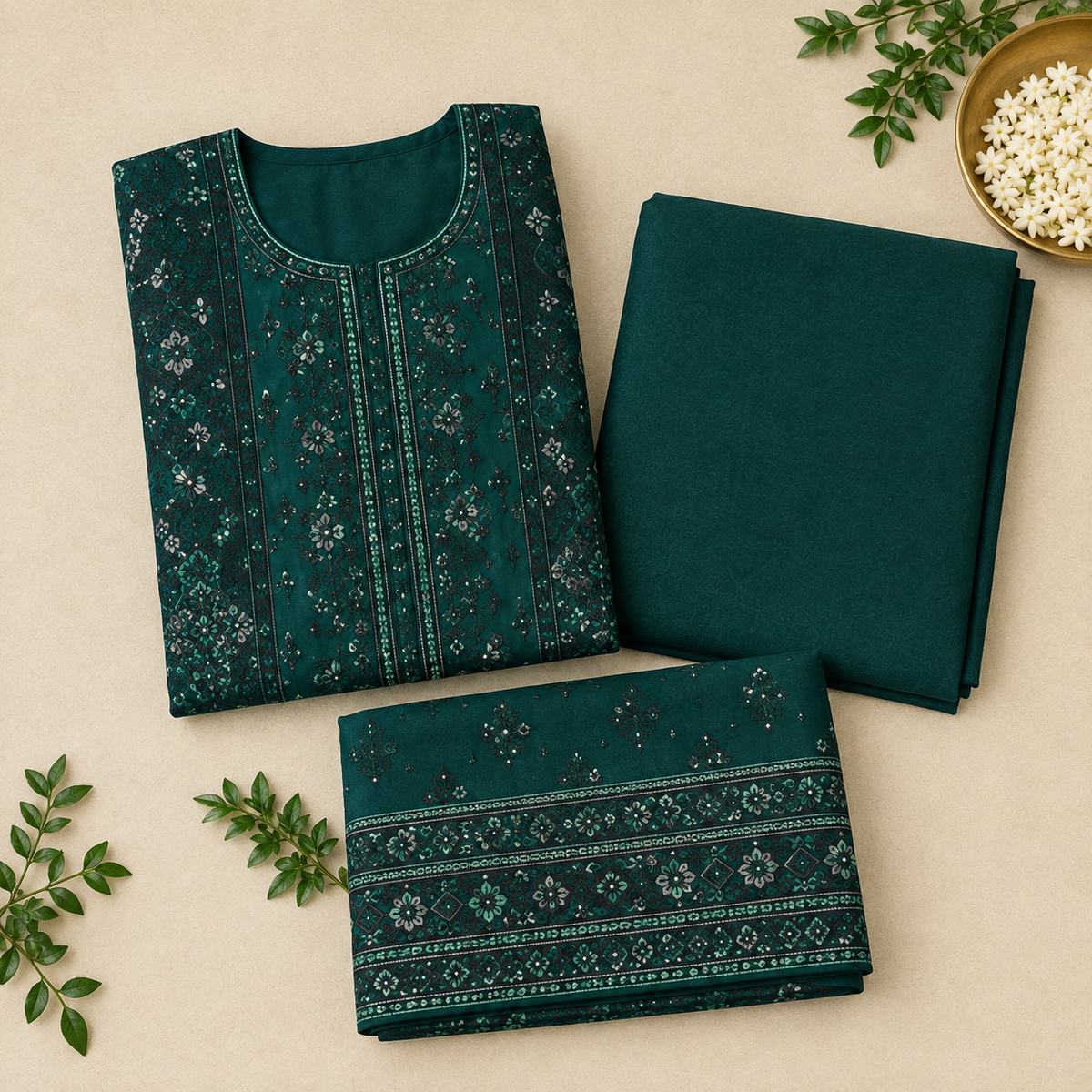 Green Unstitched Printed Dhanak Suit 3-Piece