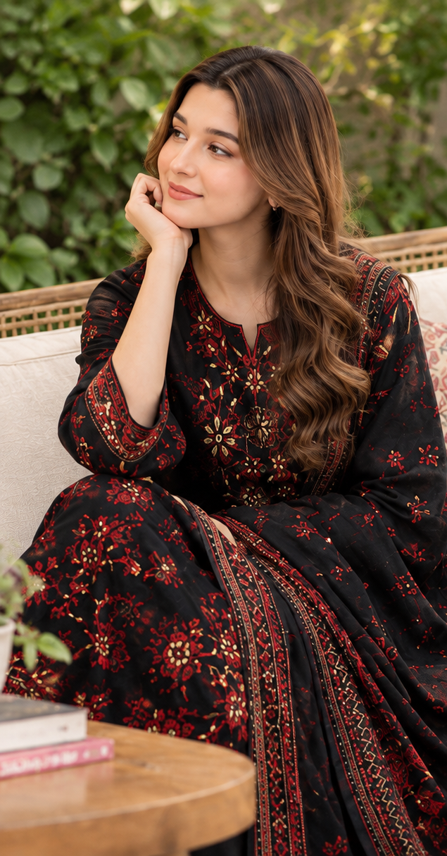 Black Unstitched Embroidered Khader Suit 3 Piece