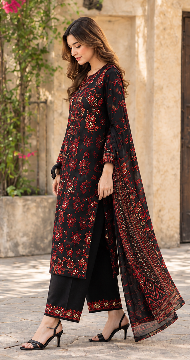 Black Unstitched Embroidered Khader Suit 3 Piece