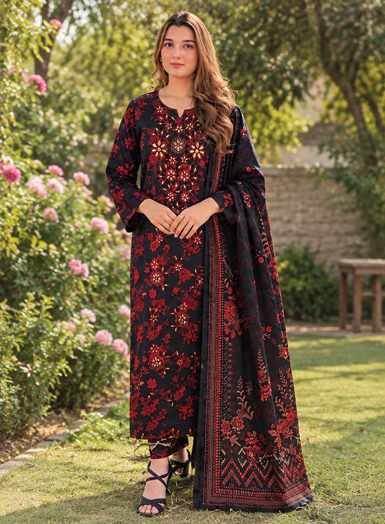 Black Unstitched Embroidered Khader Suit 3 Piece