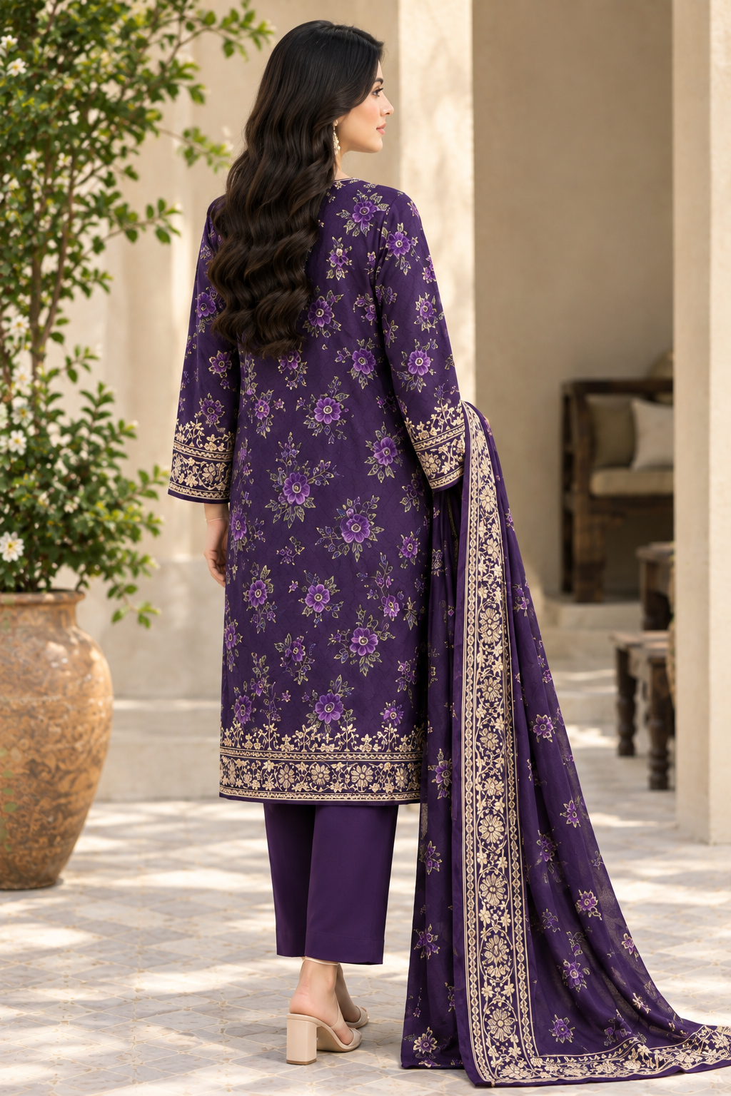 Plum Unstitched Embroidered Linen 3pc