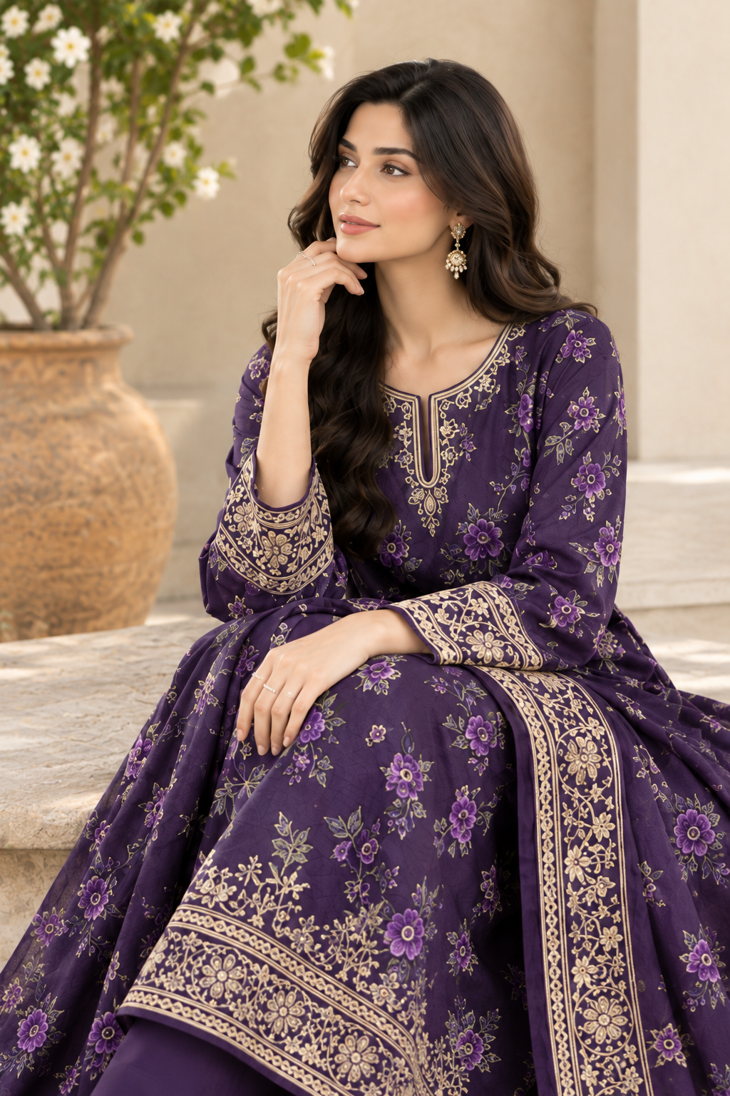 Plum Unstitched Embroidered Linen 3pc
