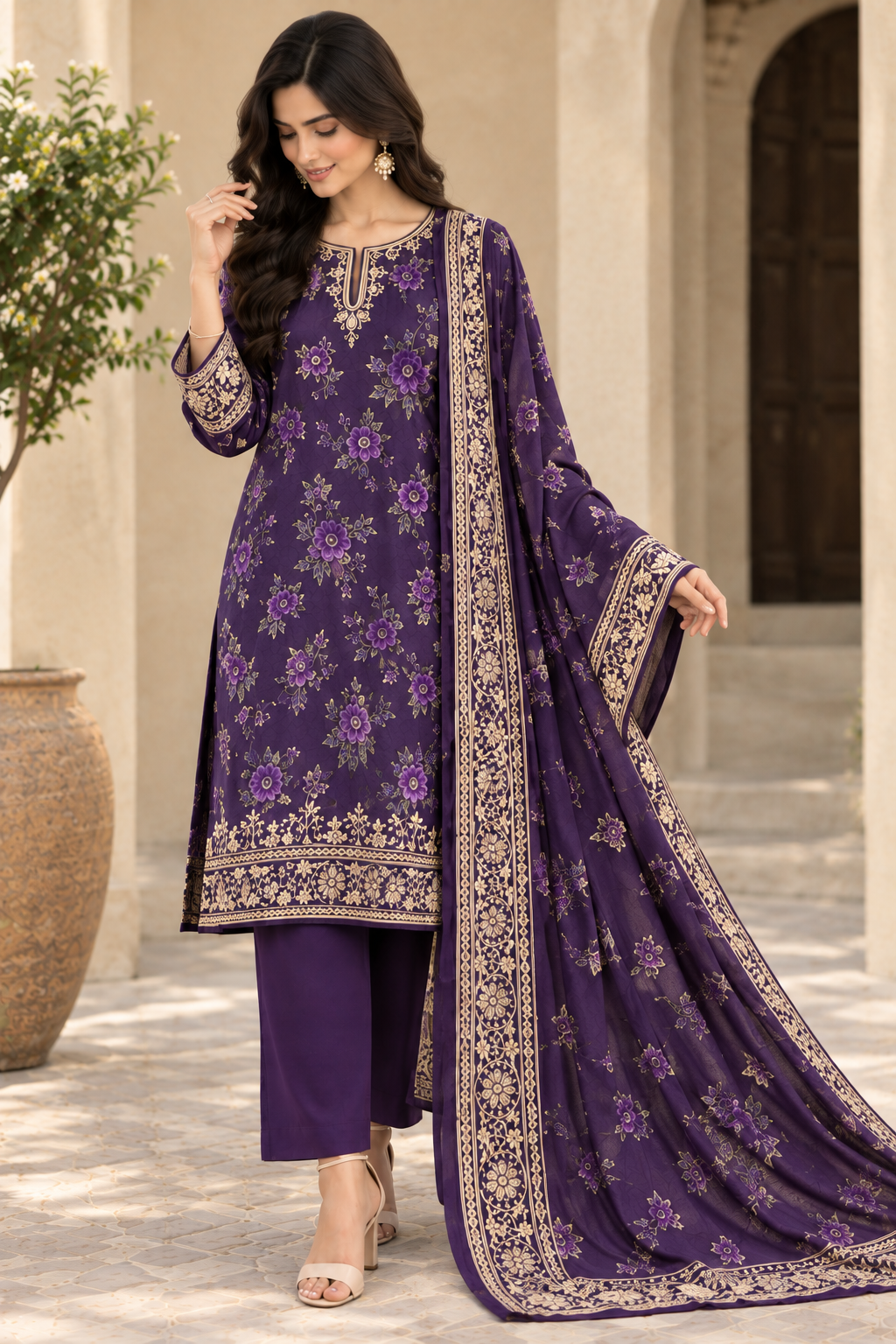 Plum Unstitched Embroidered Linen 3pc