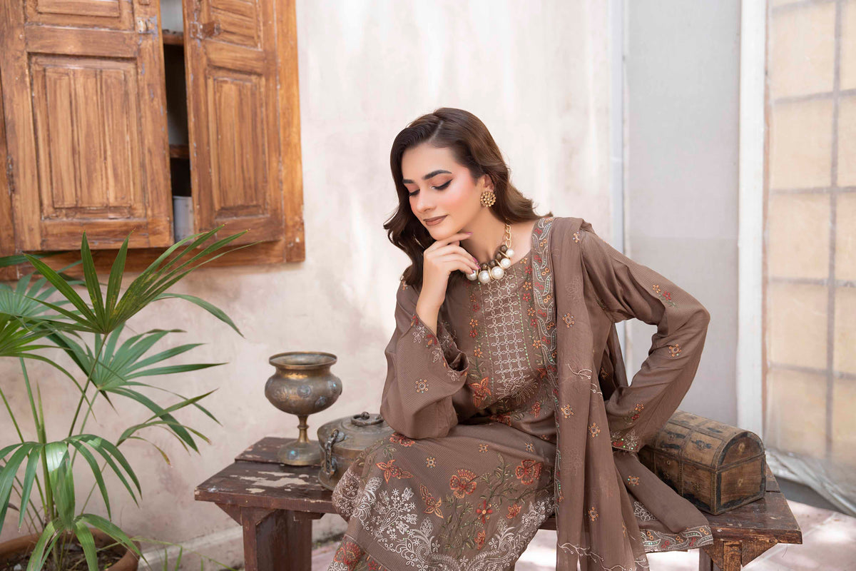 LUXURY BROWN EMBROIDERED SLUB ZARI VISCOSE SET
