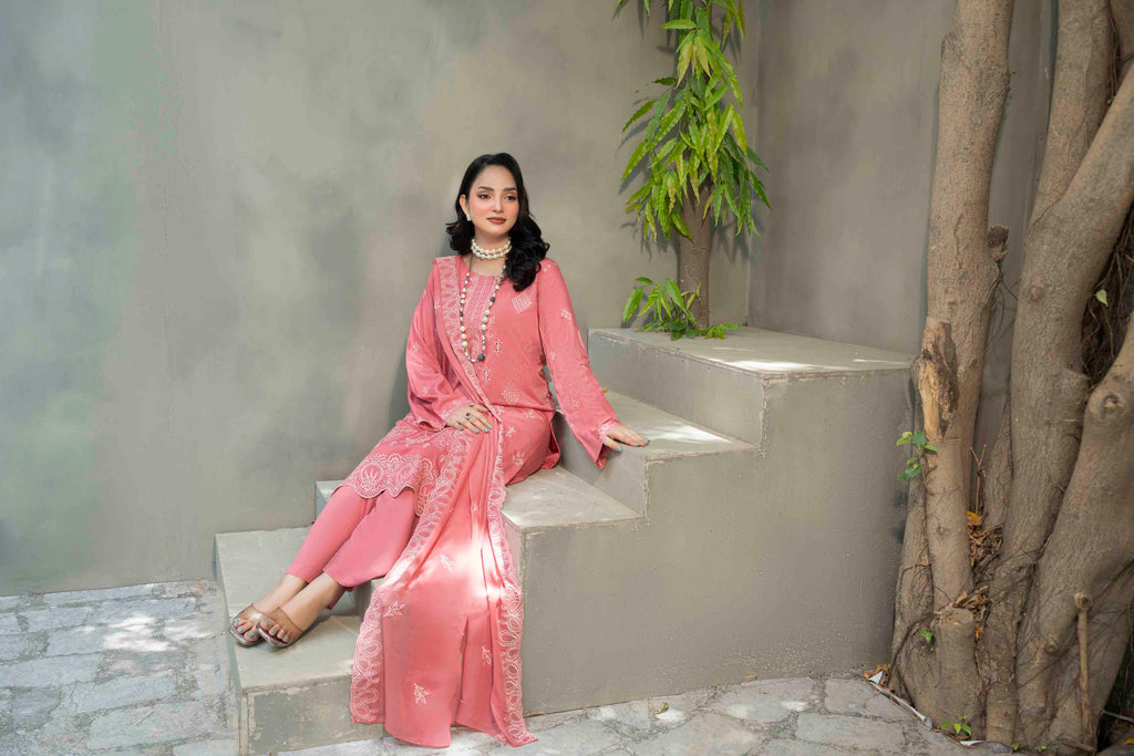 Coral Pink Slub Viscose Suit With Crinkle Dupattal 3-Piece Suit – Unstitched