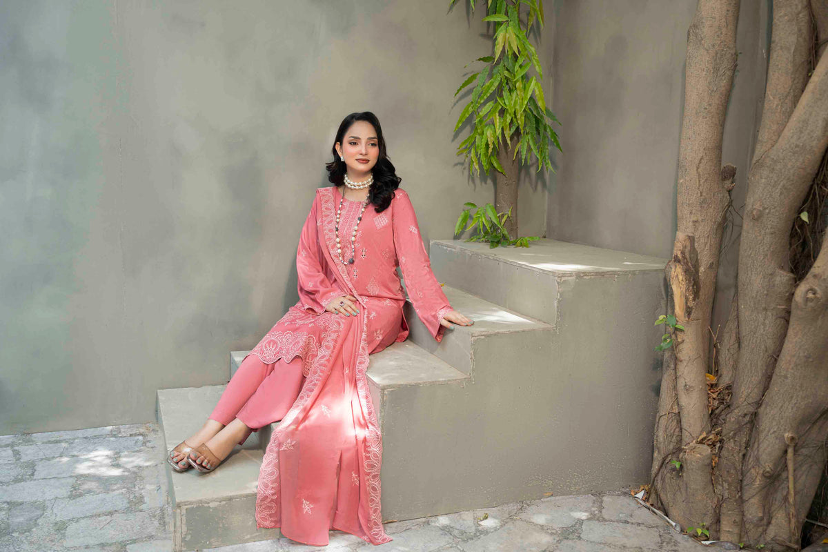 Coral Pink Slub Viscose Suit With Crinkle Dupattal 3-Piece Suit – Unstitched