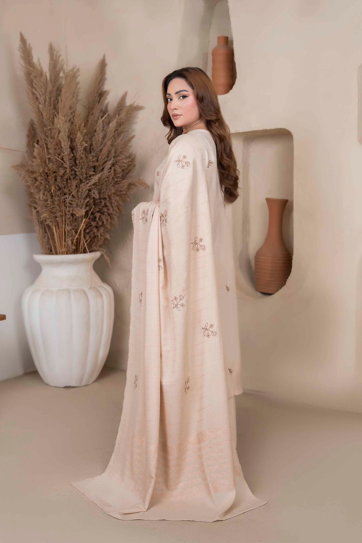 Cream Beige Luxury Dhanak Suit With Velvet Shawl 3-Piece Suit – Unstitched