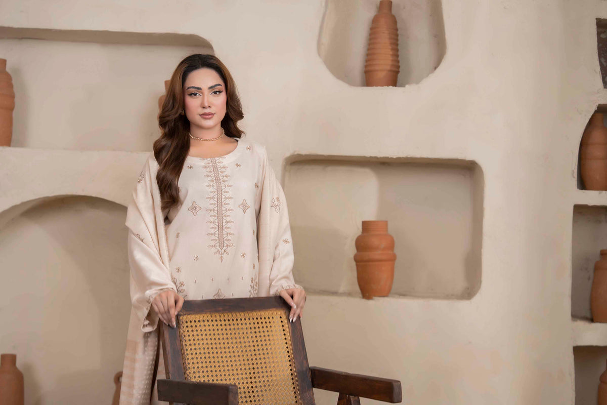 Cream Beige Luxury Dhanak Suit With Velvet Shawl 3-Piece Suit – Unstitched