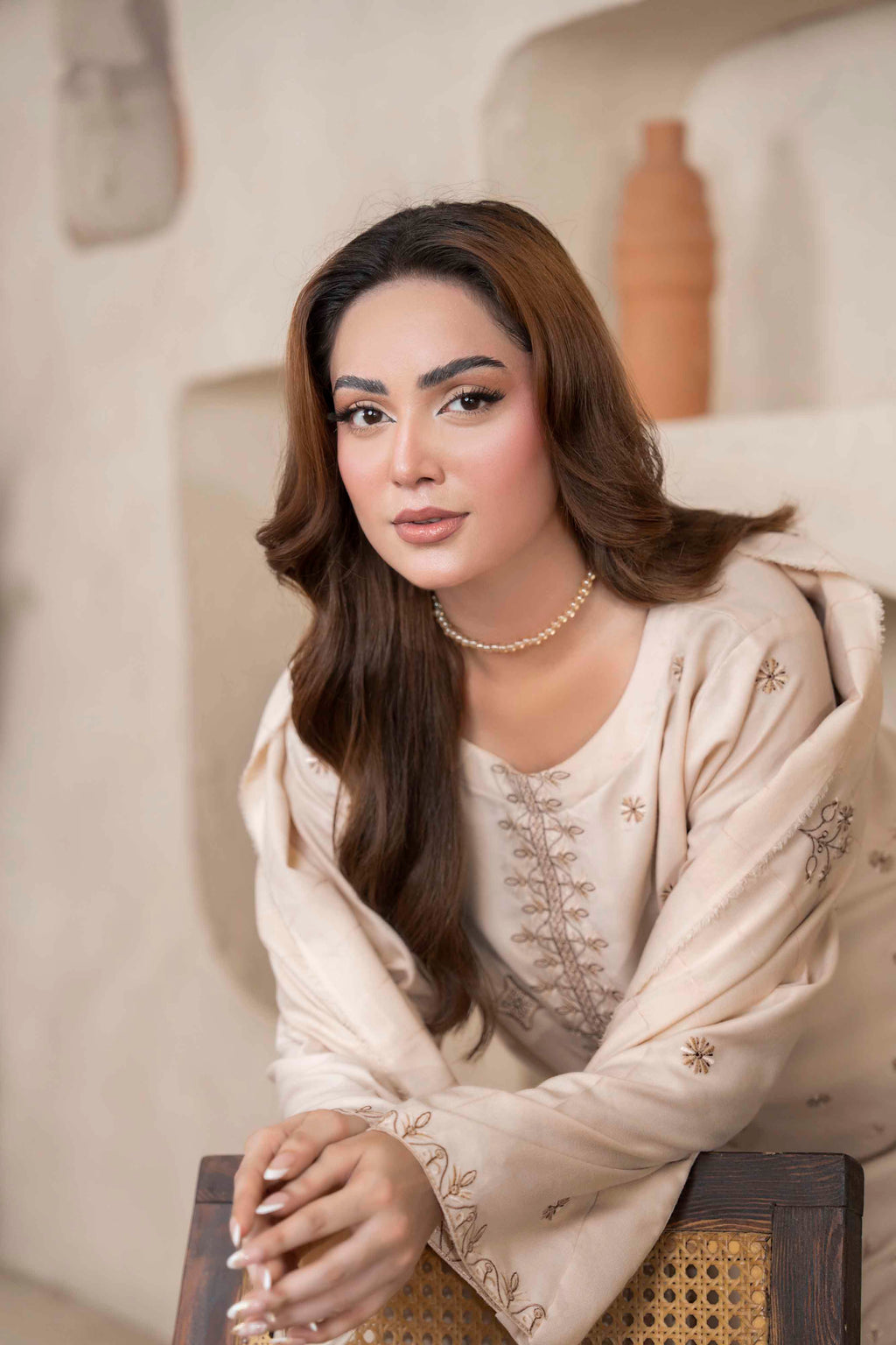 Cream Beige Luxury Dhanak Suit With Velvet Shawl 3-Piece Suit – Unstitched