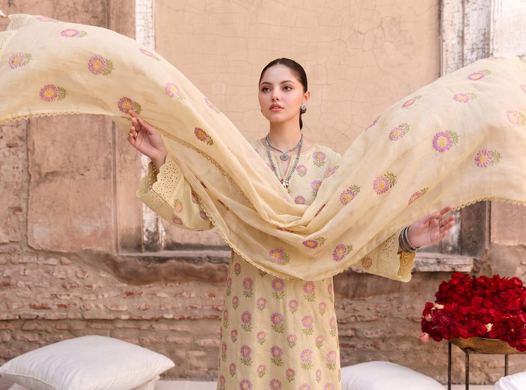 Cream Unstitched Embroidered Lawn Suit 3-Piece