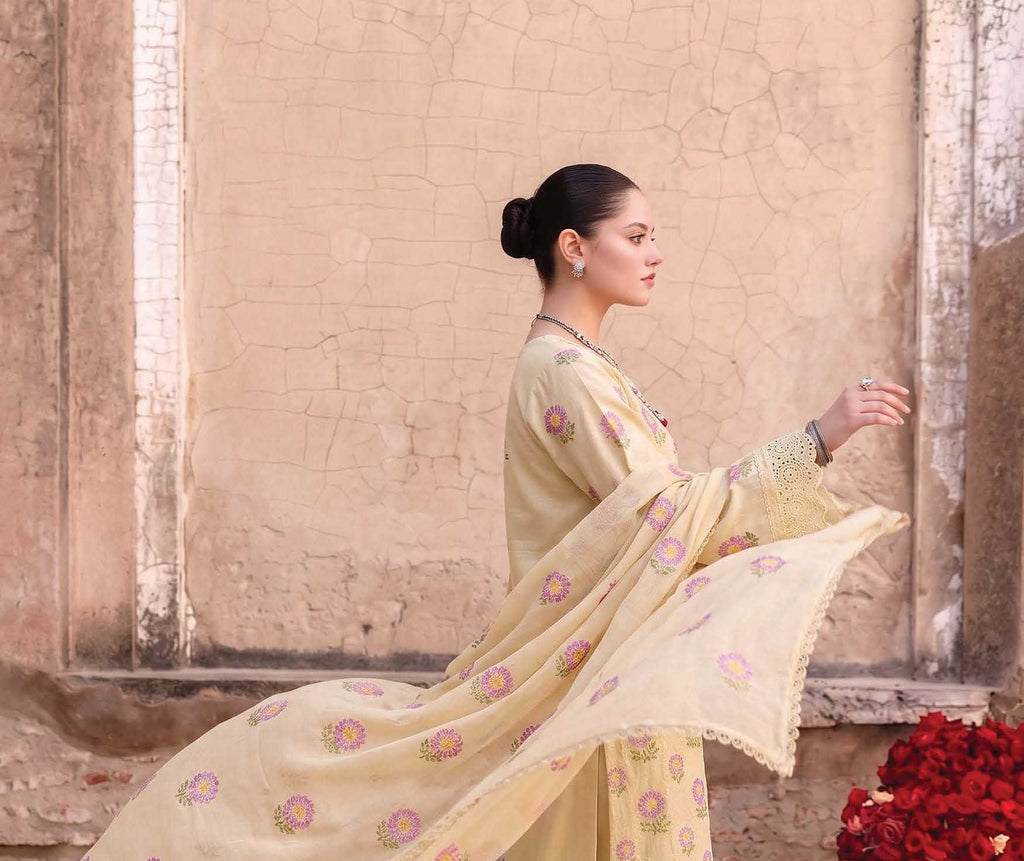 Cream Unstitched Embroidered Lawn Suit 3-Piece