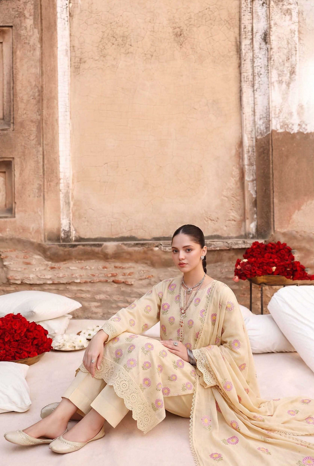 Cream Unstitched Embroidered Lawn Suit 3-Piece