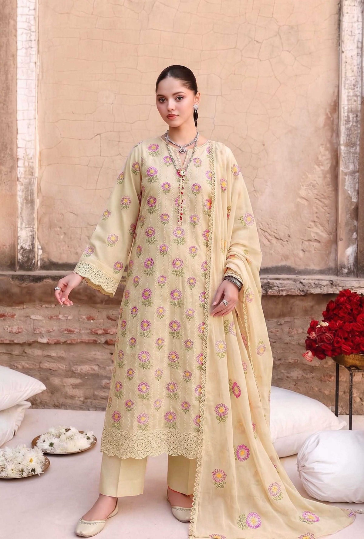 Cream Unstitched Embroidered Lawn Suit 3-Piece