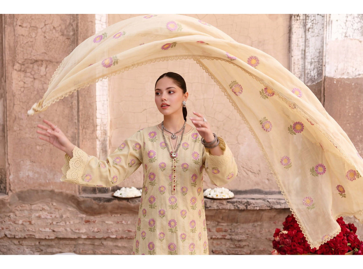 Cream Unstitched Embroidered Lawn Suit 3-Piece