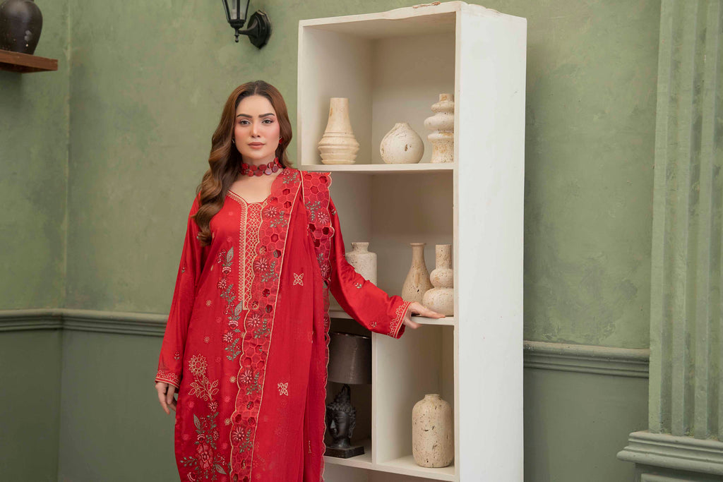 Crimson Red Embroidered Piece Suit with Crinkle Dupatta 3-Piece Suit
