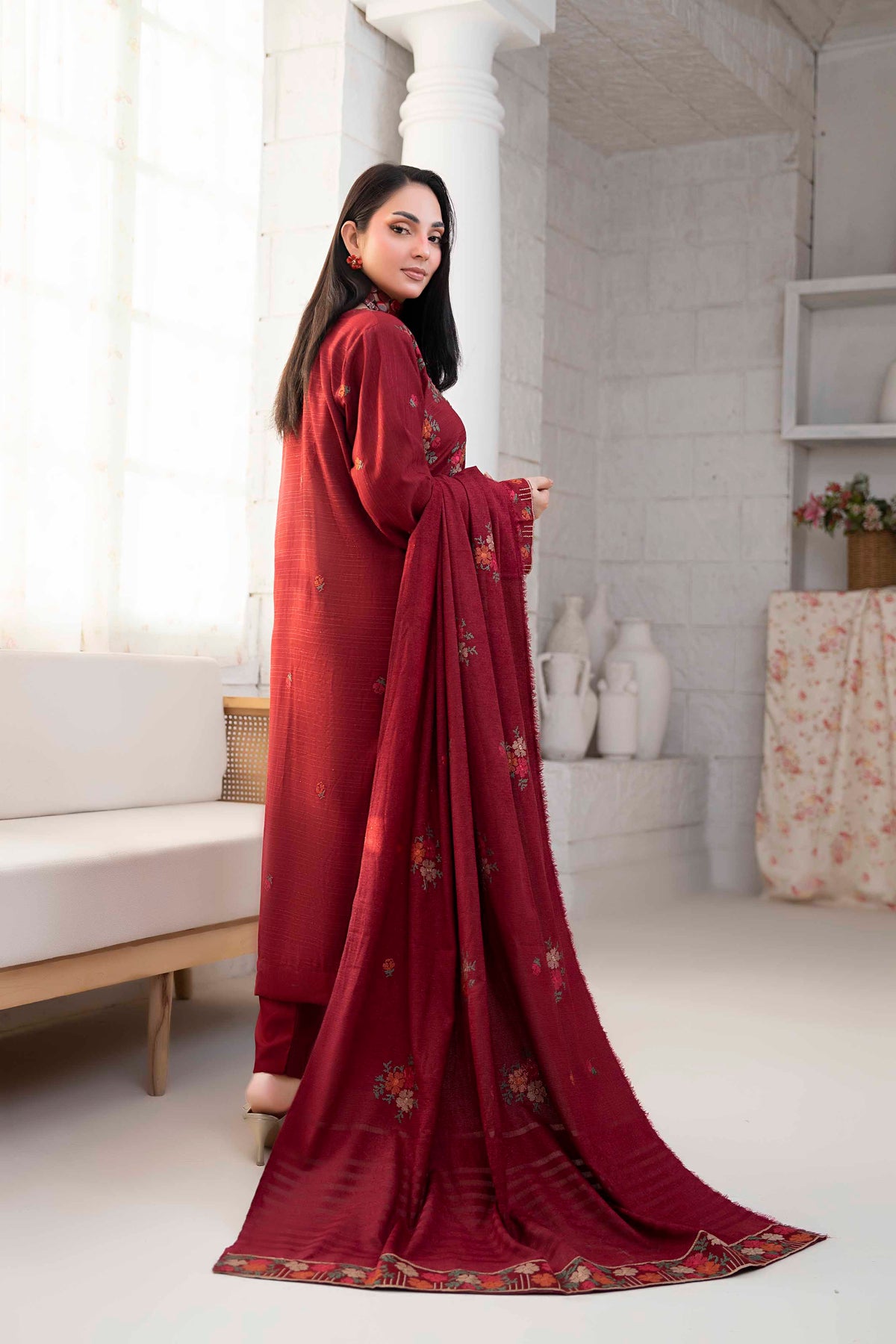 DARK RED LUXURY EMBROIDERED VELVET CRYSTAL SET