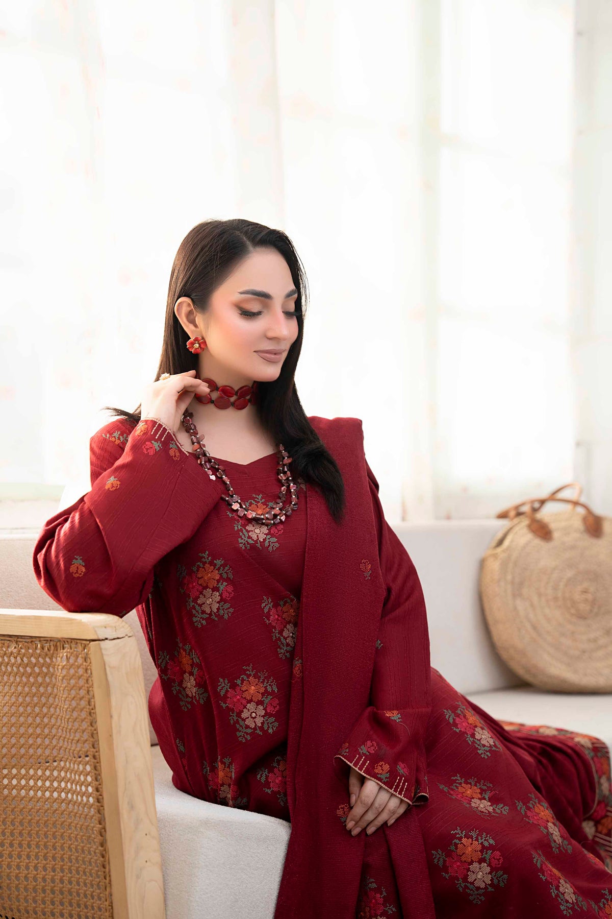 DARK RED LUXURY EMBROIDERED VELVET CRYSTAL SET
