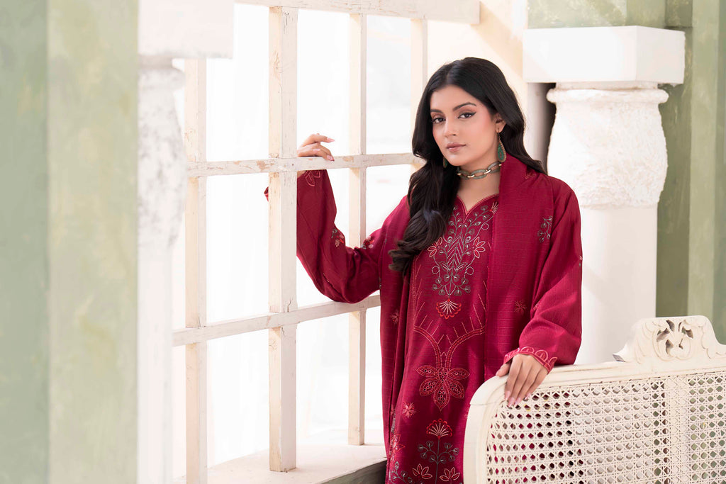 DARK RED LUXURY EMBROIDERED VELVET STRIPE CHAMKI SET