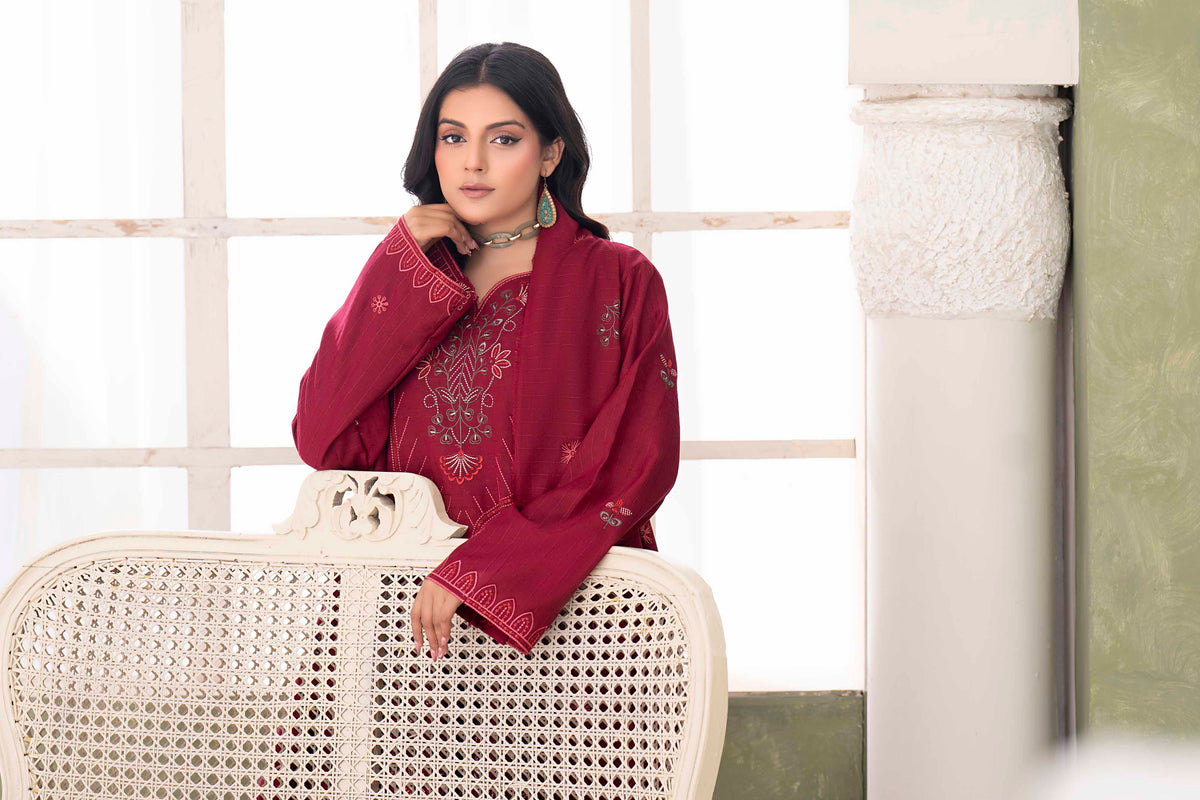 DARK RED LUXURY EMBROIDERED VELVET STRIPE CHAMKI SET