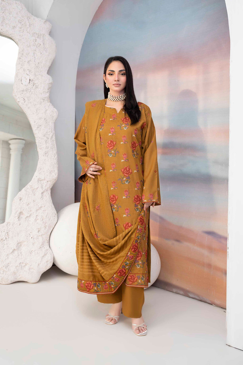 MUSTARD GOLD LUXURY EMBROIDERED VELVET CRYSTAL SET