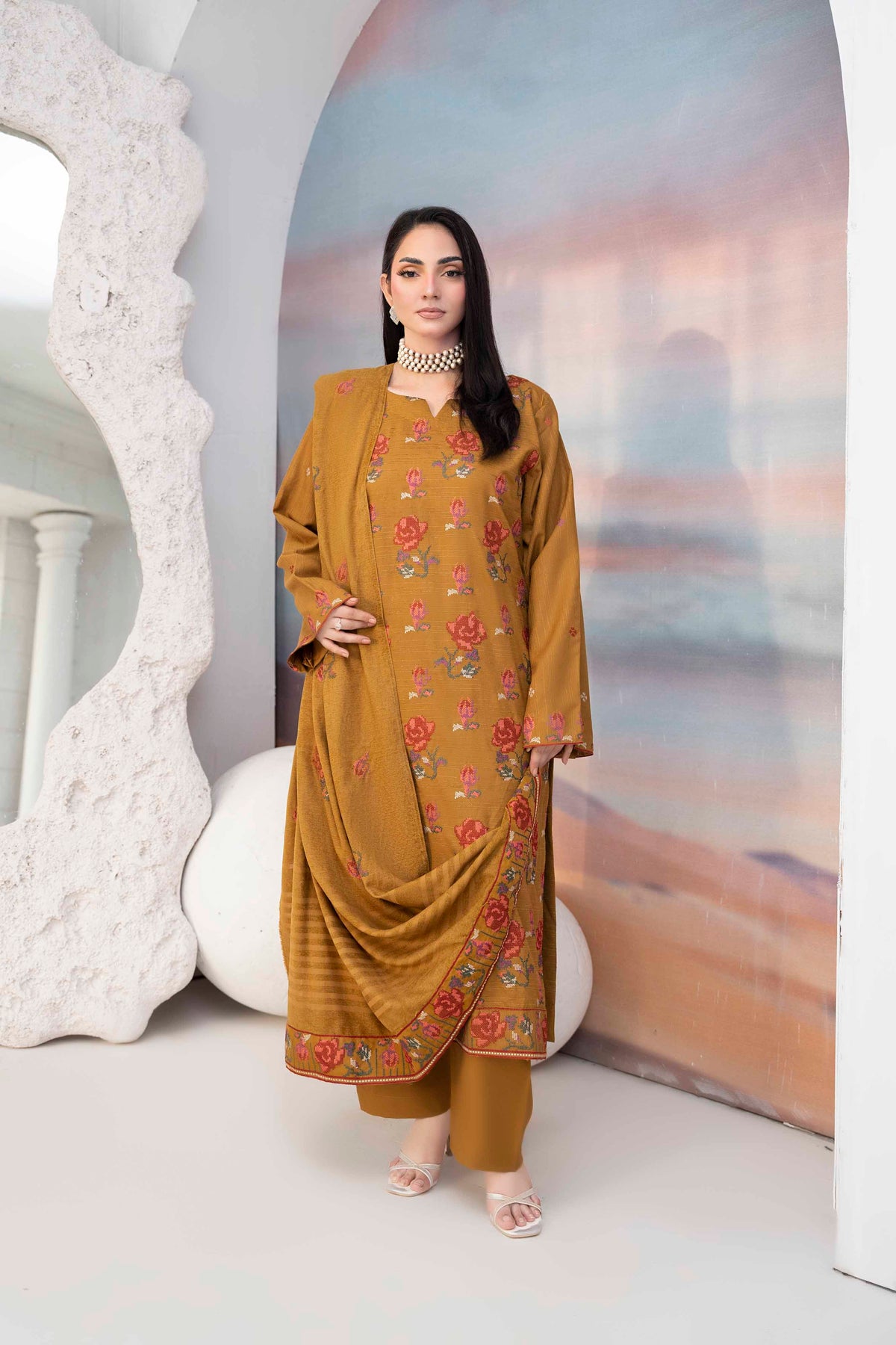 MUSTARD GOLD LUXURY EMBROIDERED VELVET CRYSTAL SET