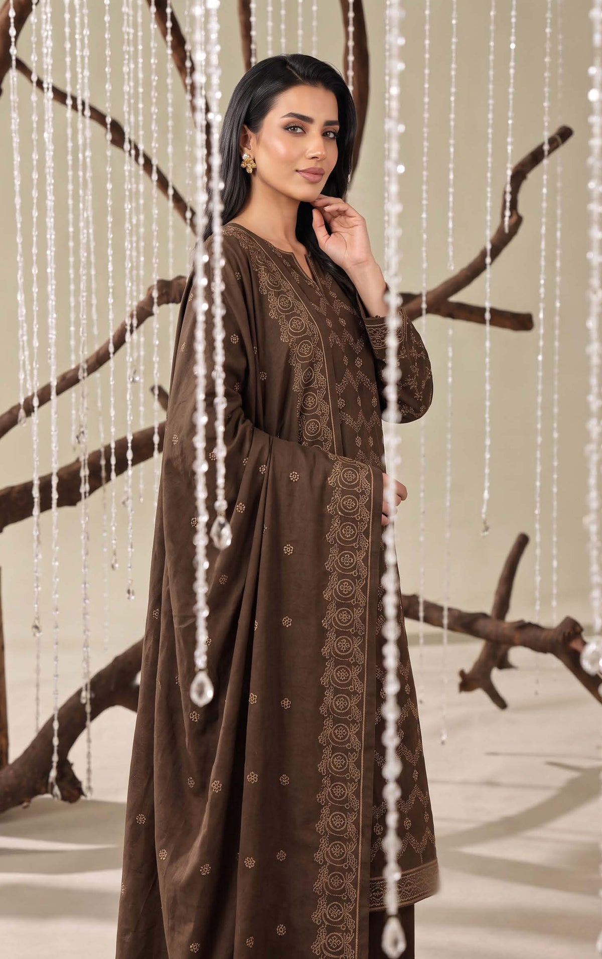 Dark Brown Embroidered Dhanak Chicken Kari 3-Piece Suit – Unstitched
