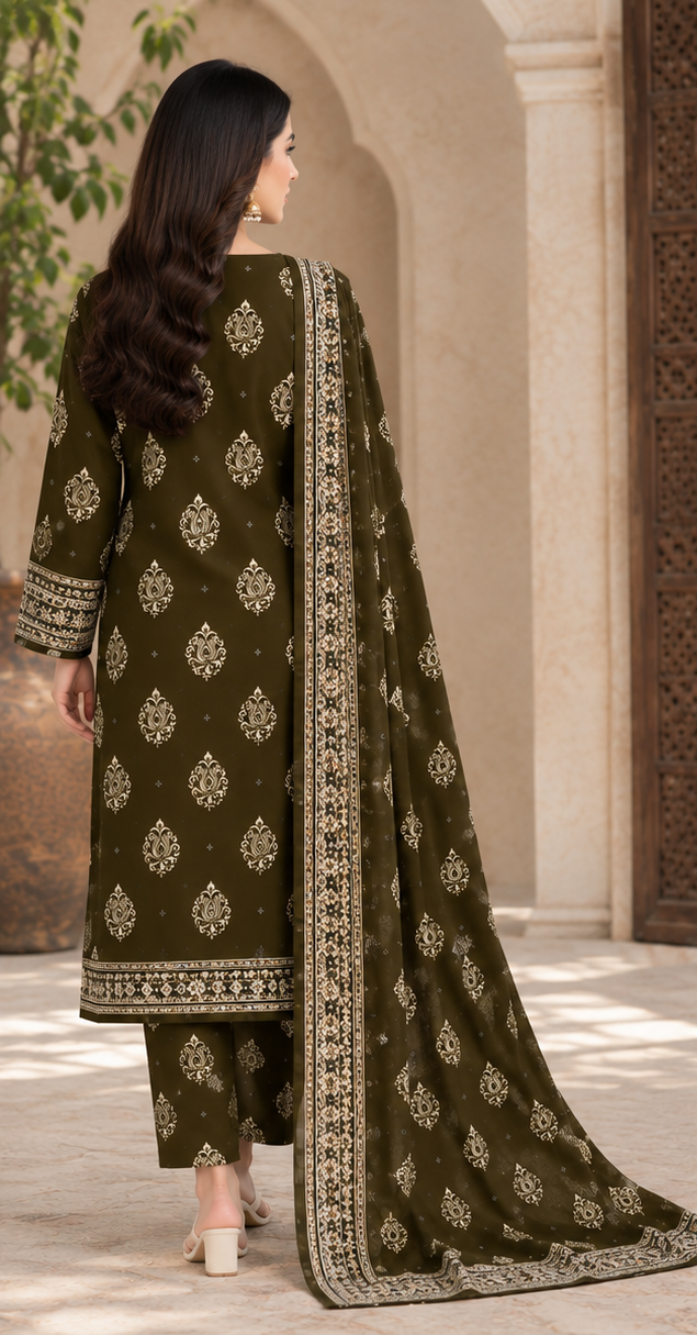 Dark Brown Unstitched Printed Lawn 2-Piece
