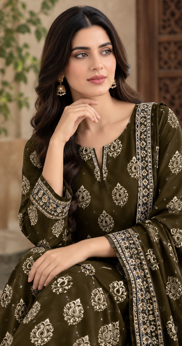Dark Brown Unstitched Printed Lawn 2-Piece