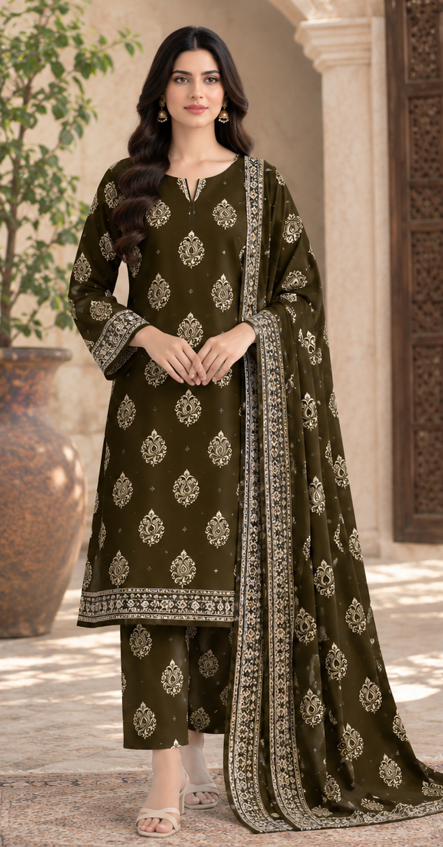 Dark Brown Unstitched Printed Lawn 2-Piece