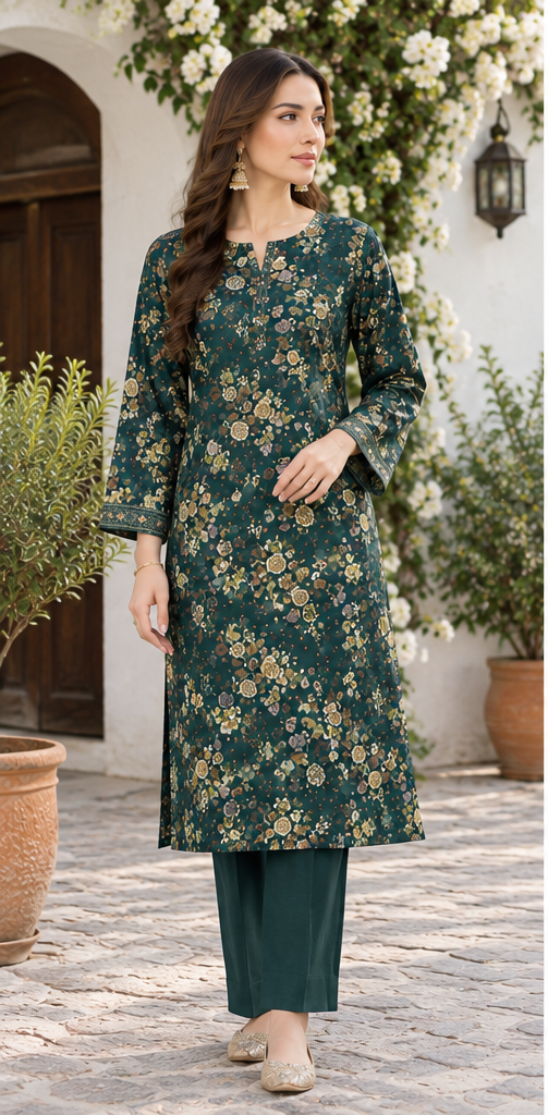 Dark Green Unstitched Printed Lawn 2-Piece Suit