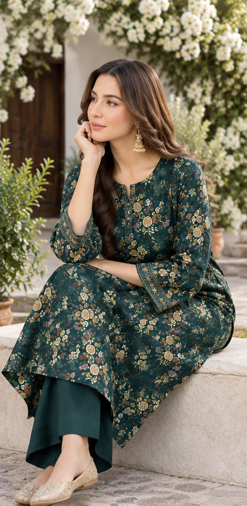 Dark Green Unstitched Printed Lawn 2-Piece Suit