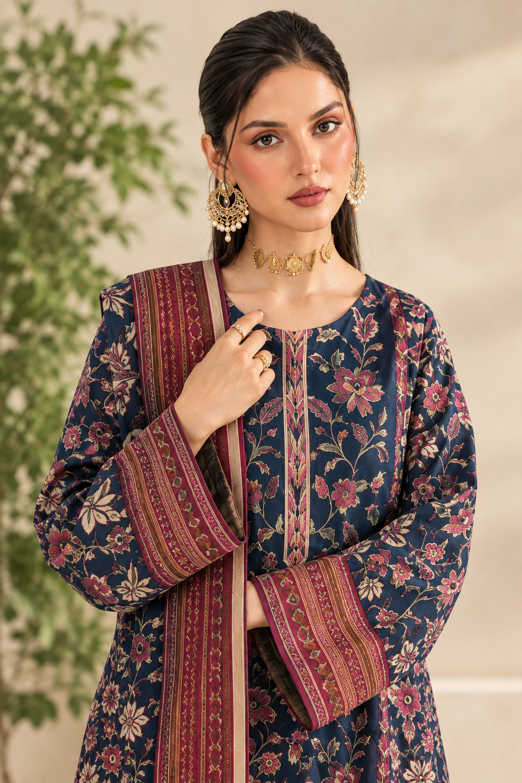 Dark Navy Blue Embroidered Linen 3-Piece