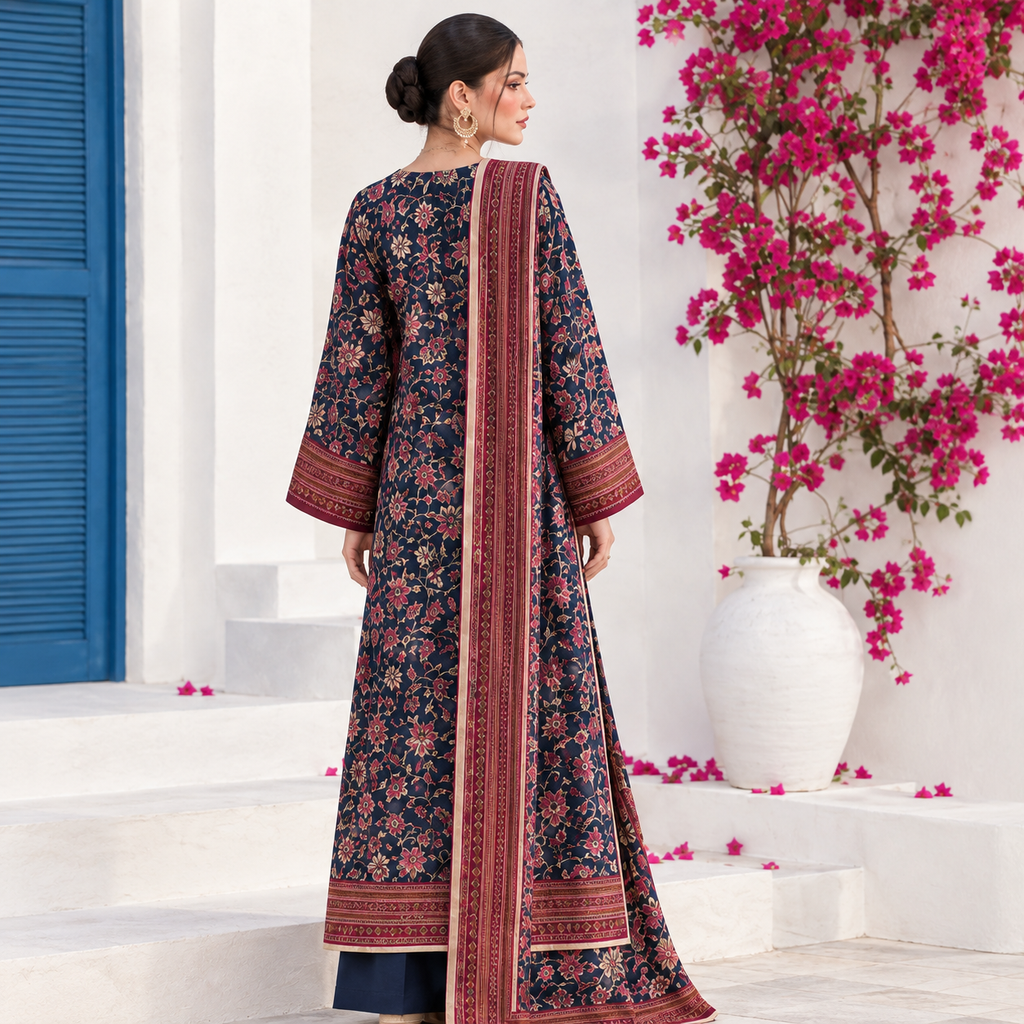 Dark Navy Blue Embroidered Linen 3-Piece