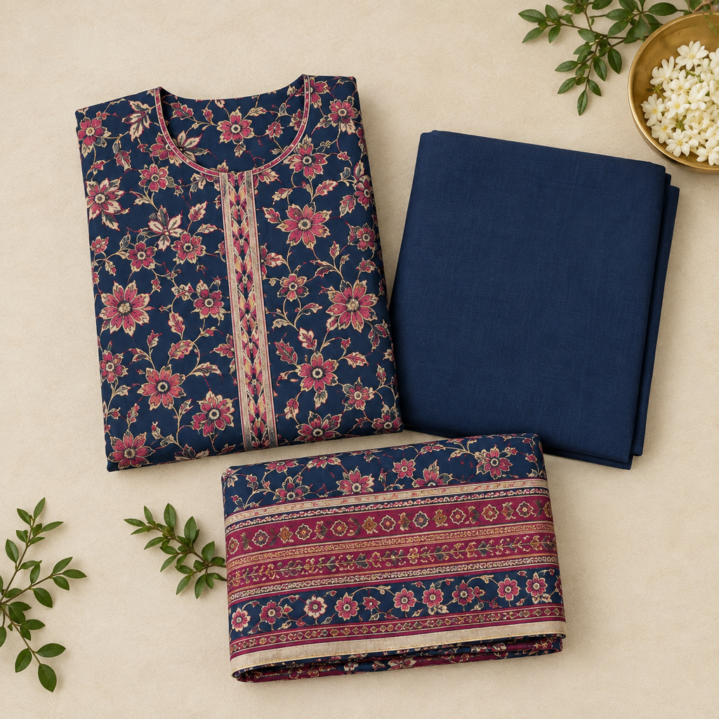 Dark Navy Blue Embroidered Linen 3-Piece