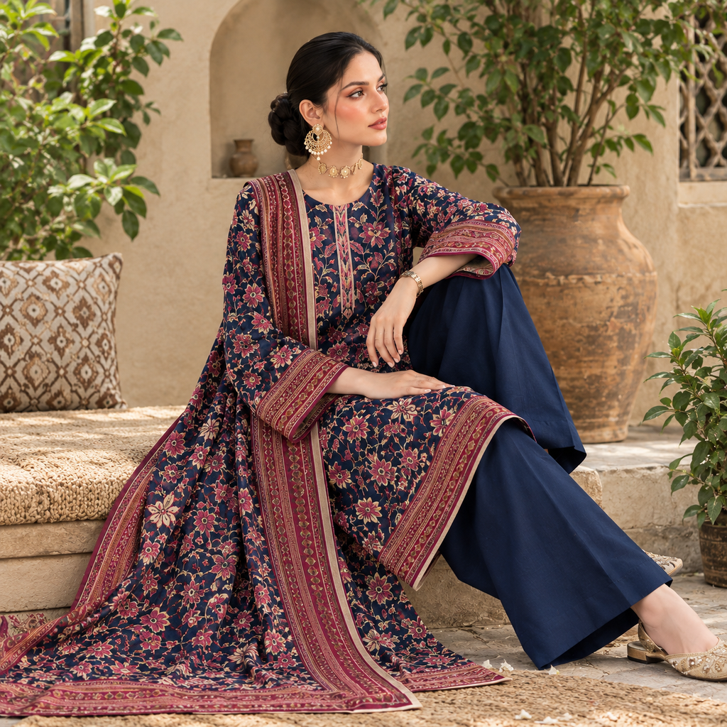 Dark Navy Blue Embroidered Linen 3-Piece