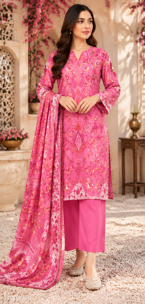 Dark Pink Unstitched Embroidered Lawn Suit 3-Piece