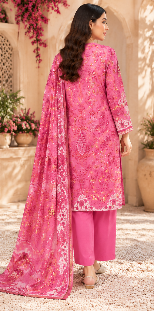 Dark Pink Unstitched Embroidered Lawn Suit 3-Piece