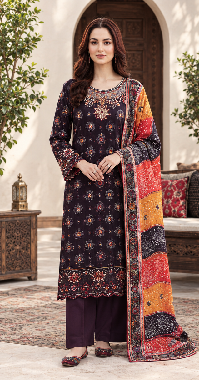 Dark Purple Embroidered Linen 3-Piece