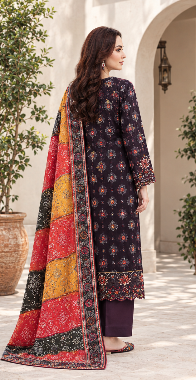 Dark Purple Embroidered Linen 3-Piece