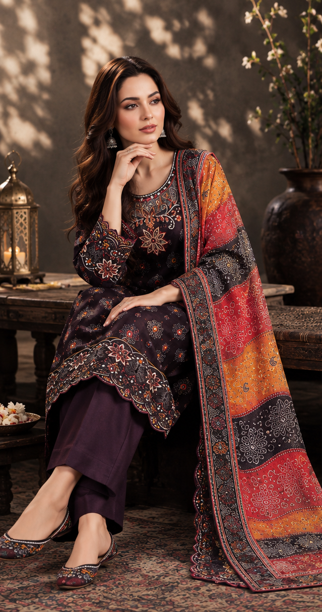 Dark Purple Embroidered Linen 3-Piece