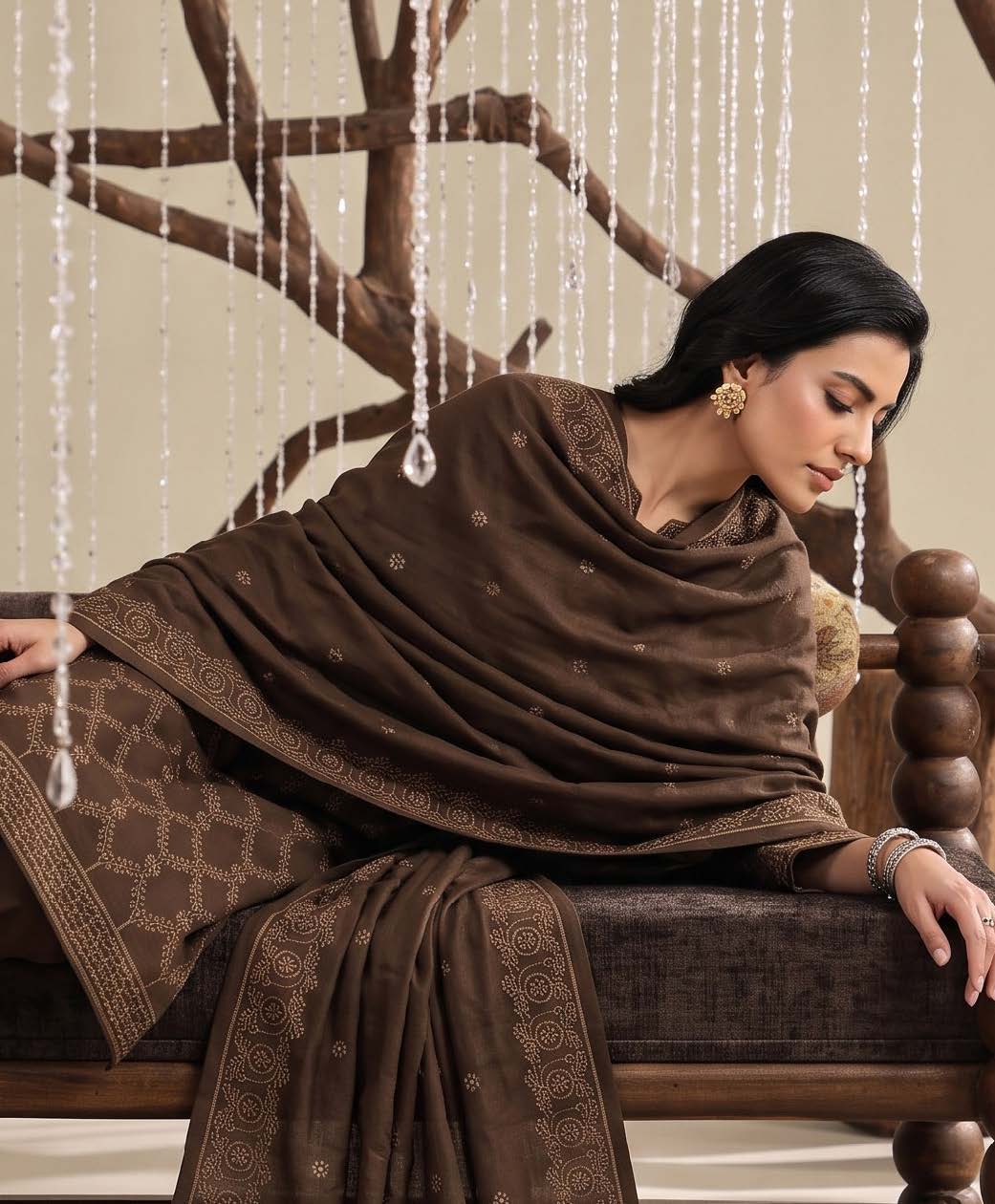 Dark Brown Embroidered Dhanak Chicken Kari 3-Piece Suit – Unstitched
