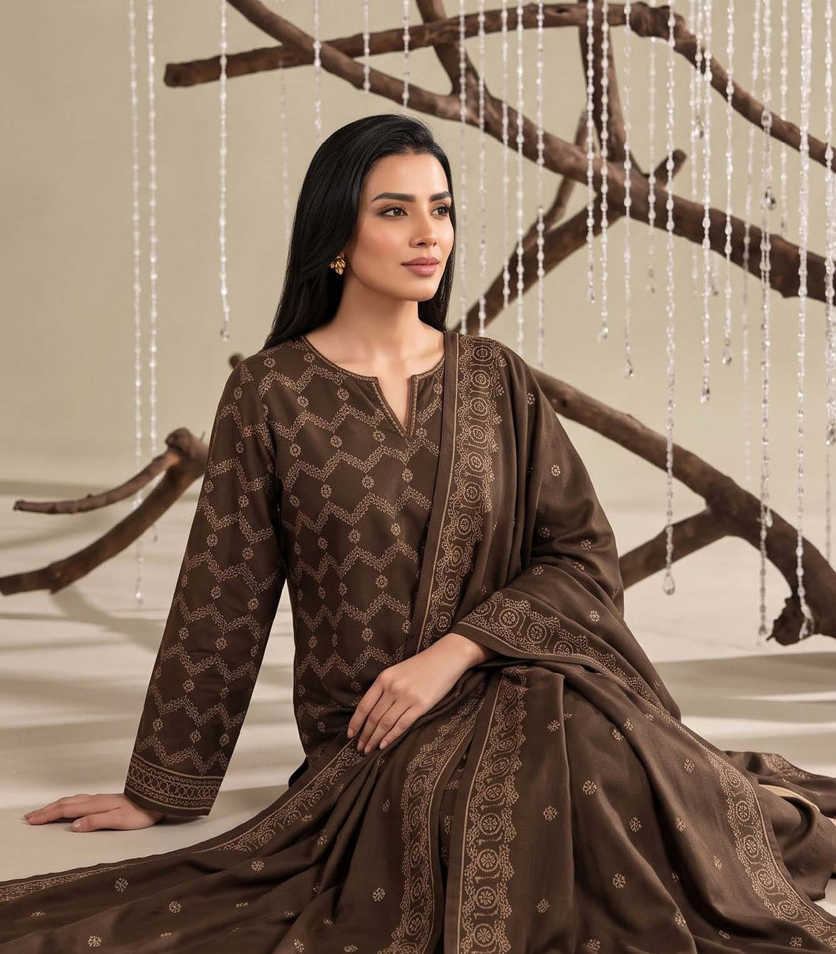 Dark Brown Embroidered Dhanak Chicken Kari 3-Piece Suit – Unstitched