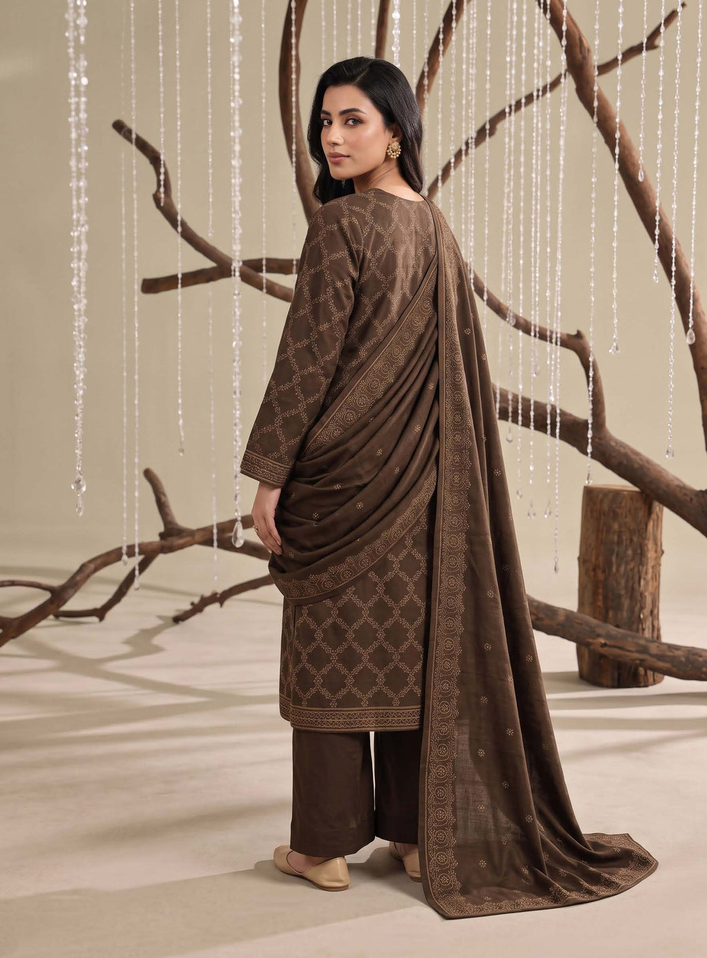 Dark Brown Embroidered Dhanak Chicken Kari 3-Piece Suit – Unstitched