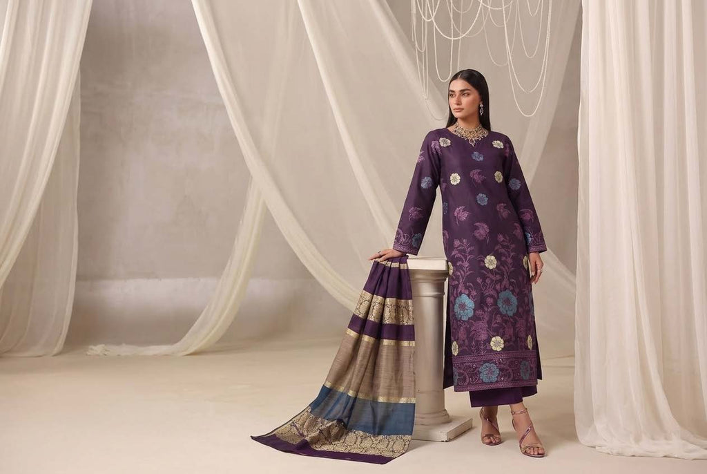Dark Purple Unstitched Embroidered Lawn Suit 3-Piece