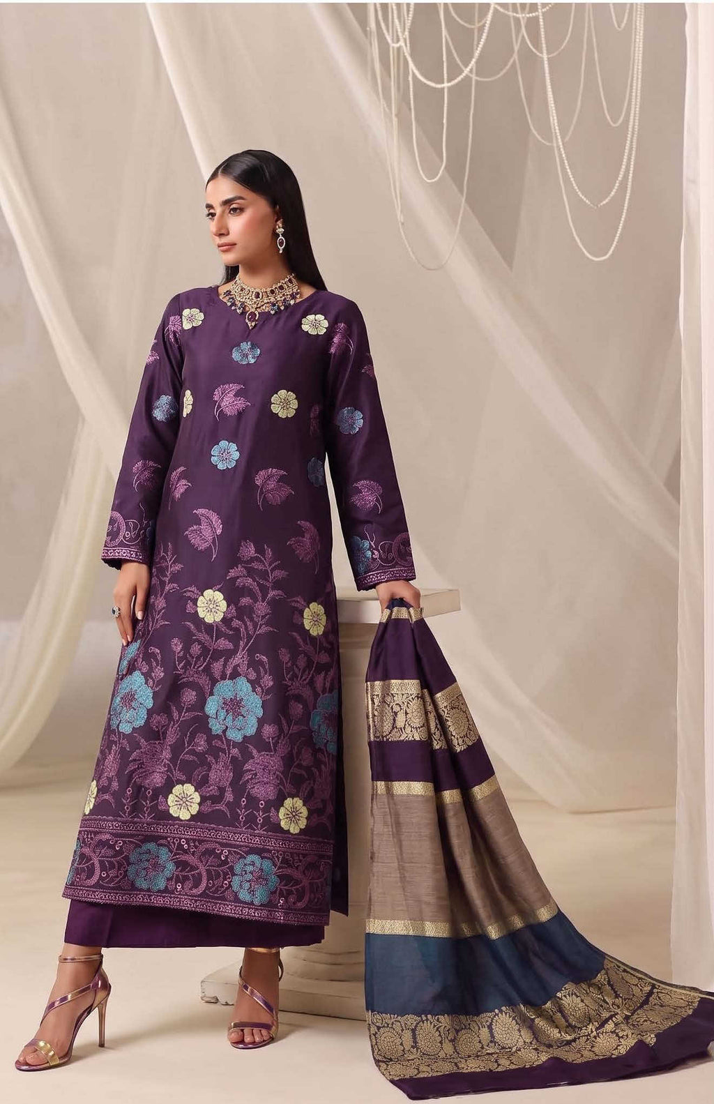 Dark Purple Unstitched Embroidered Lawn Suit 3-Piece