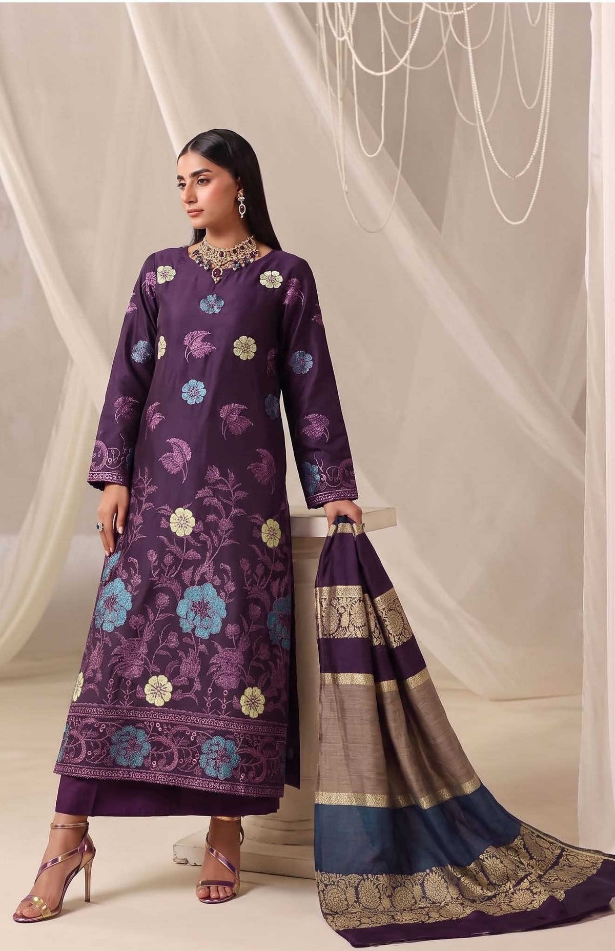 Dark Purple Unstitched Embroidered Lawn Suit 3-Piece