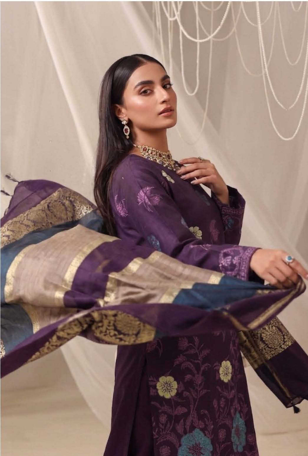 Dark Purple Unstitched Embroidered Lawn Suit 3-Piece