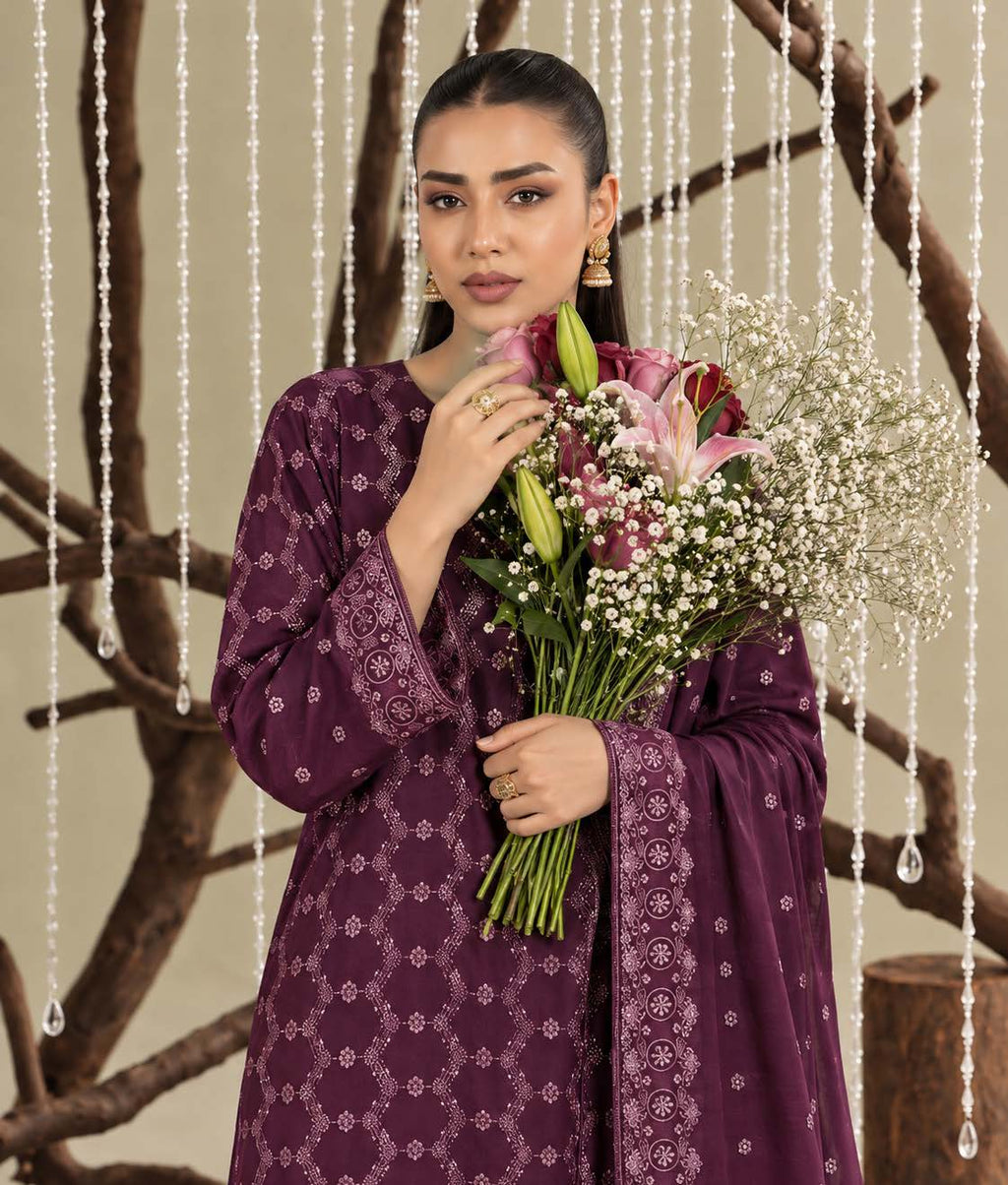 Deep Purple Embroidered Dhanak Chicken Kari 3-Piece Suit – Unstitched